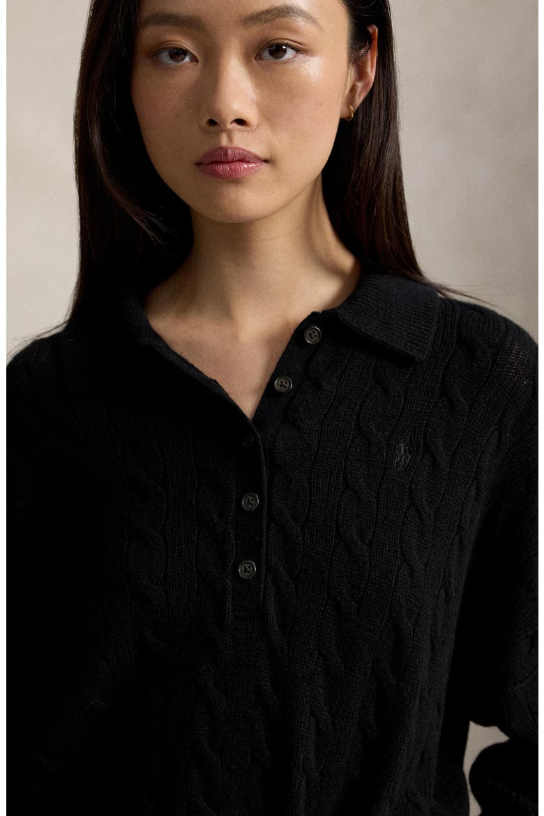 Cable Wool & Cashmere Polo Collar Sweater, Alternate, color, BLACK