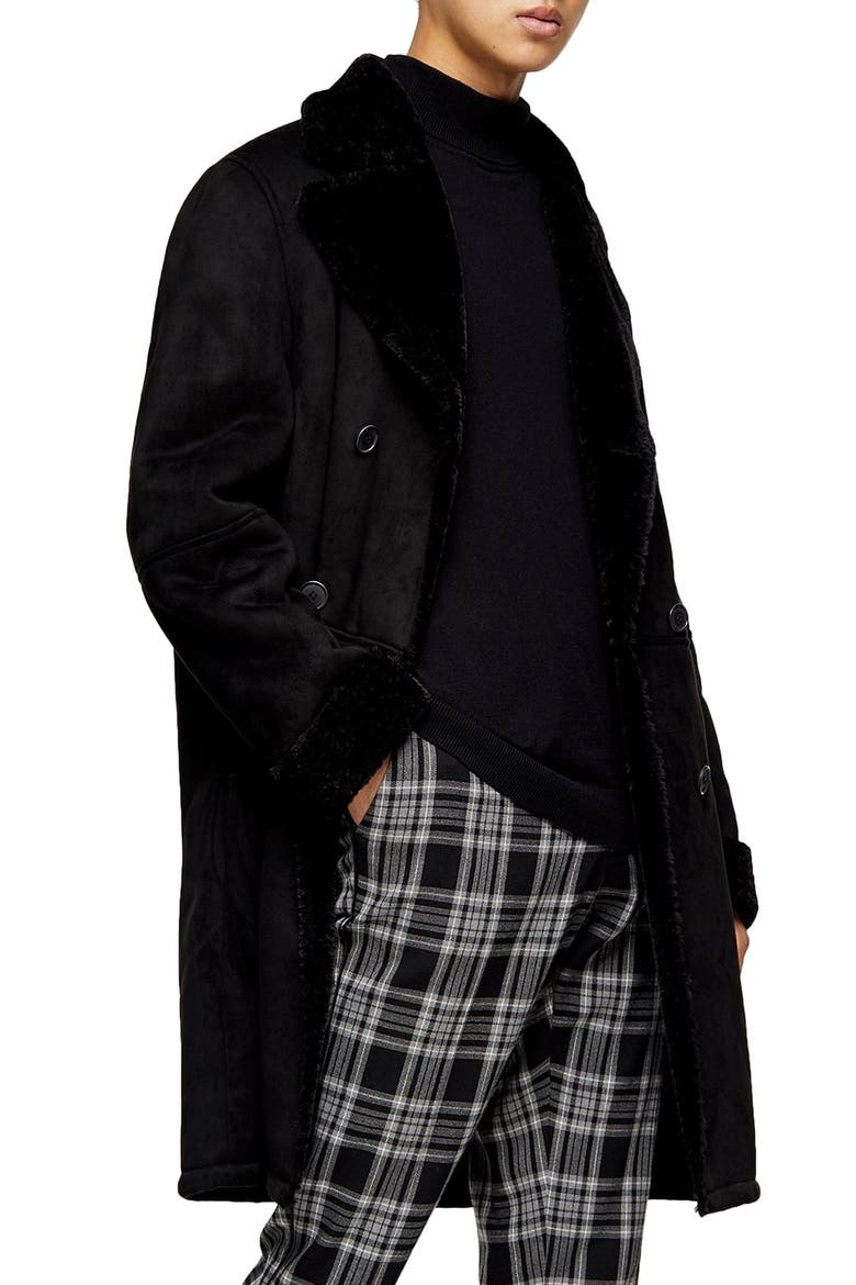 Classic Fit Longline Faux Shearling Coat, Main, color, BLACK