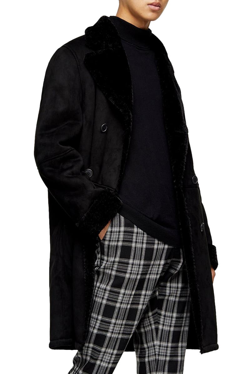 Topman Classic Fit Longline Faux Shearling Coat, Main, color, 