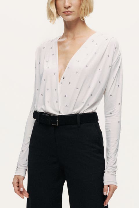 Embellished V-Neck Long-Sleeve Bodysuit