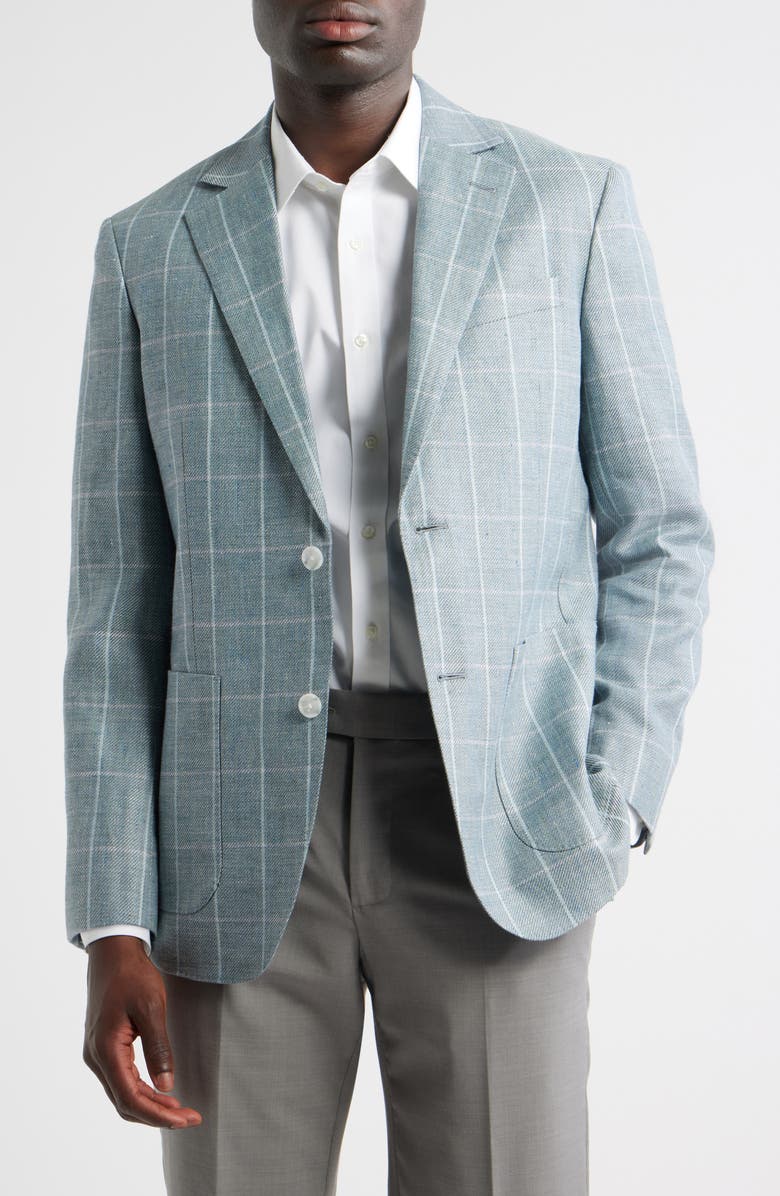 Nordstrom Windowpane Check Linen & Wool Sport Coat, Main, color, Teal Grana Windowpane