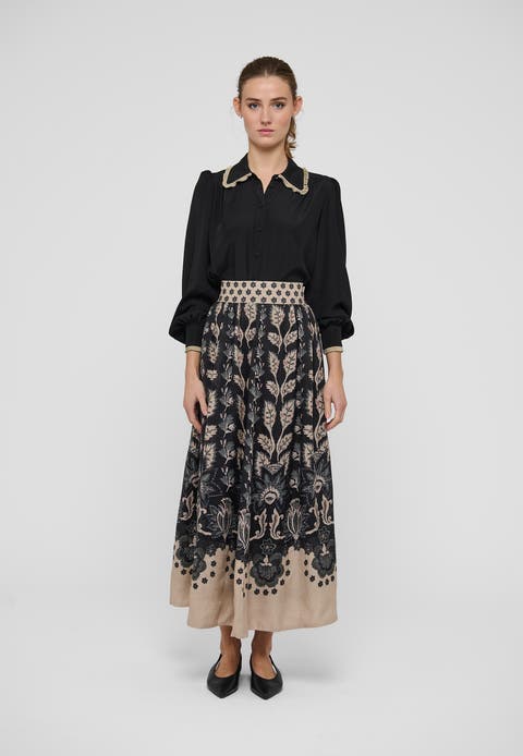Eddadea Floral Print Linen Maxi Skirt