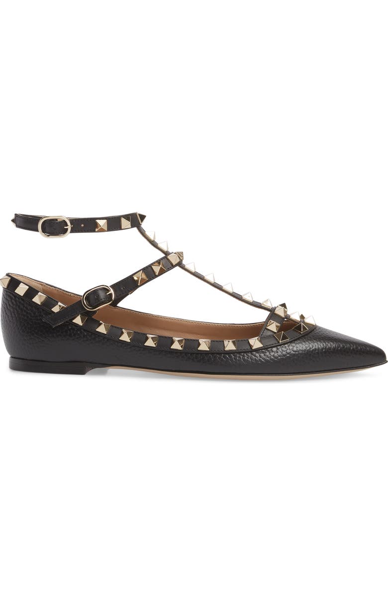 Valentino Garavani Rockstud Ankle Strap Pointy Toe Flat, Alternate, color,