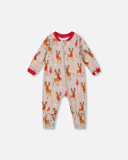Deux Par Deux One-piece Organic Cotton Pajama Reindeer In Sand