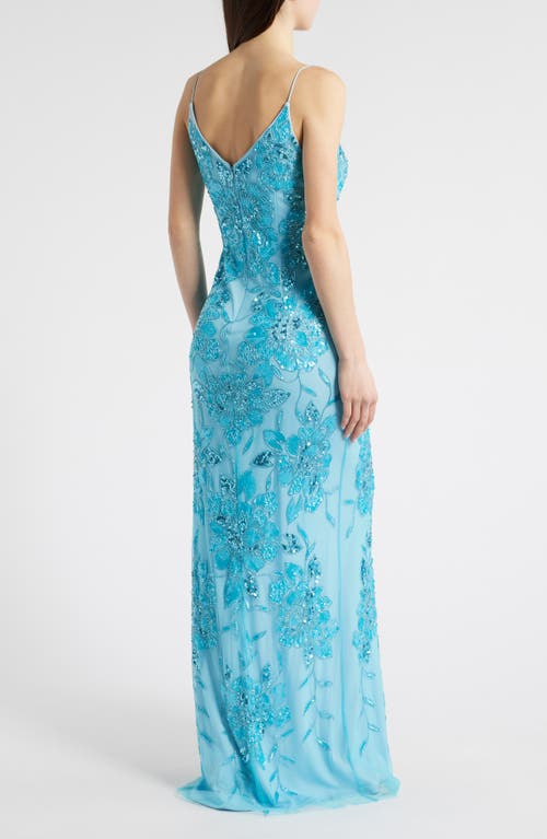 Jump Apparel Beaded Sequin Sleeveless Gown In Turquoise