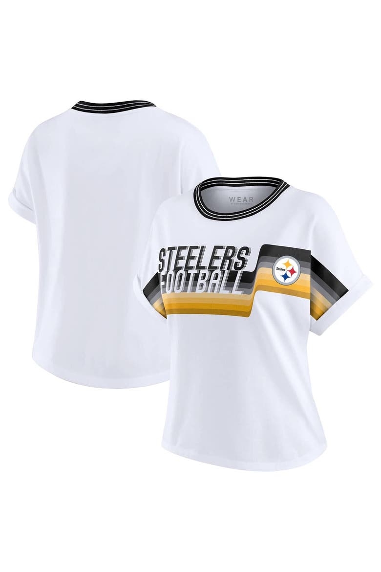 Women's WEAR by Erin Andrews White Pittsburgh Steelers Cropped Center Stripe Dolman T-Shirt, Main, color, White