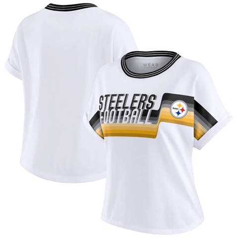 Women's WEAR by Erin Andrews White Pittsburgh Steelers Cropped Center Stripe Dolman T-Shirt