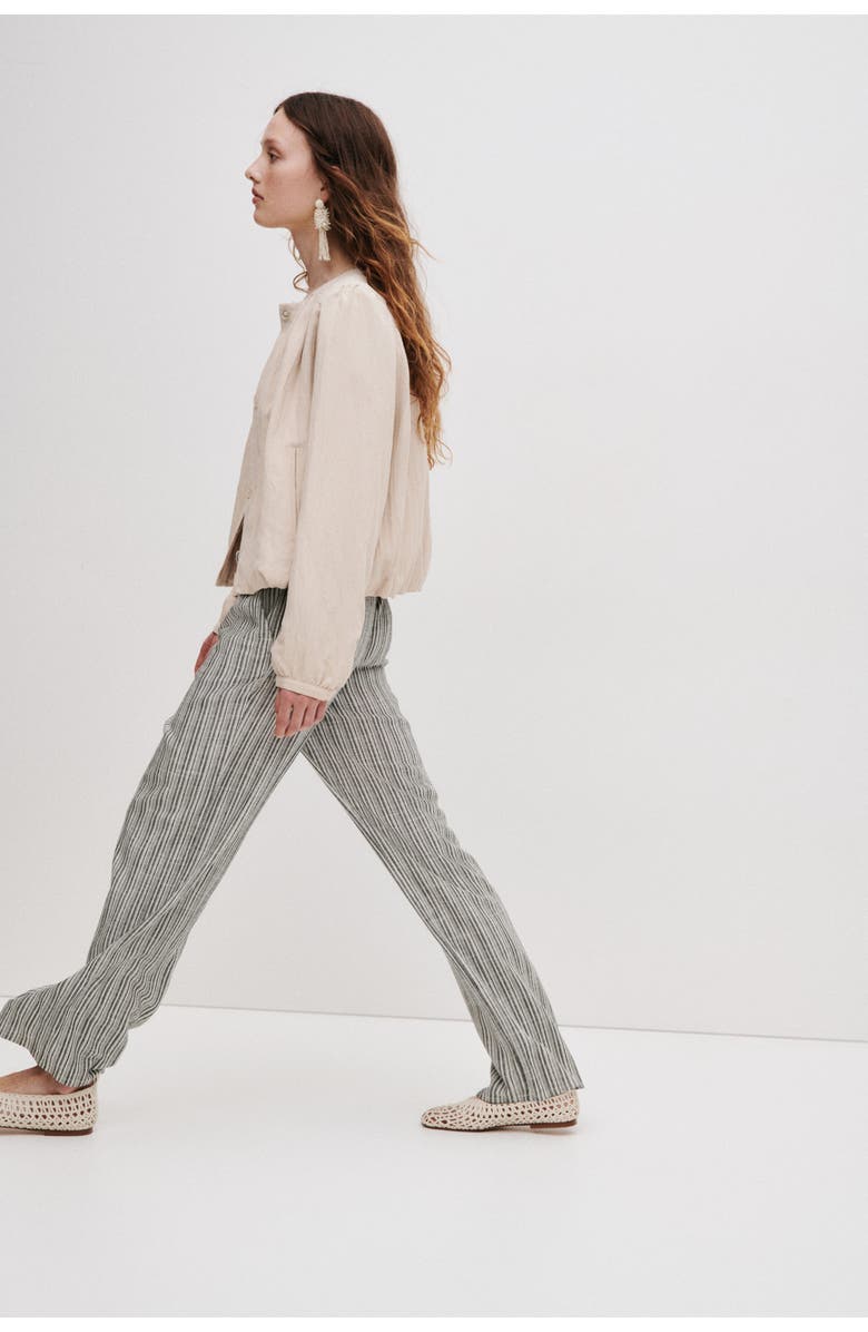 H&M Linen-blend Drawstring Trousers, Alternate, color, Black/Striped