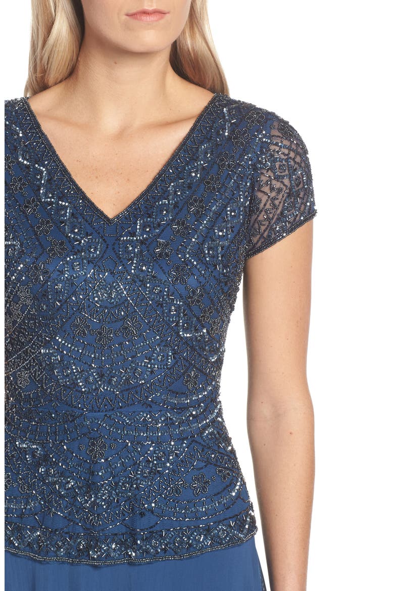 Beaded V-Neck Mock Two-Piece Gown, Alternate, color, PETROL