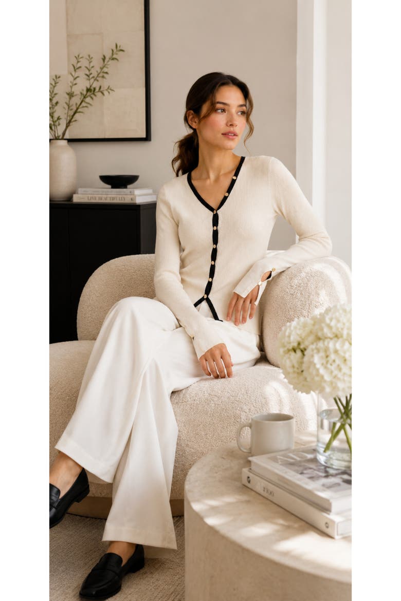 Contrast Trim Wool Blend V-Neck Cardigan, Alternate, color, Ivory