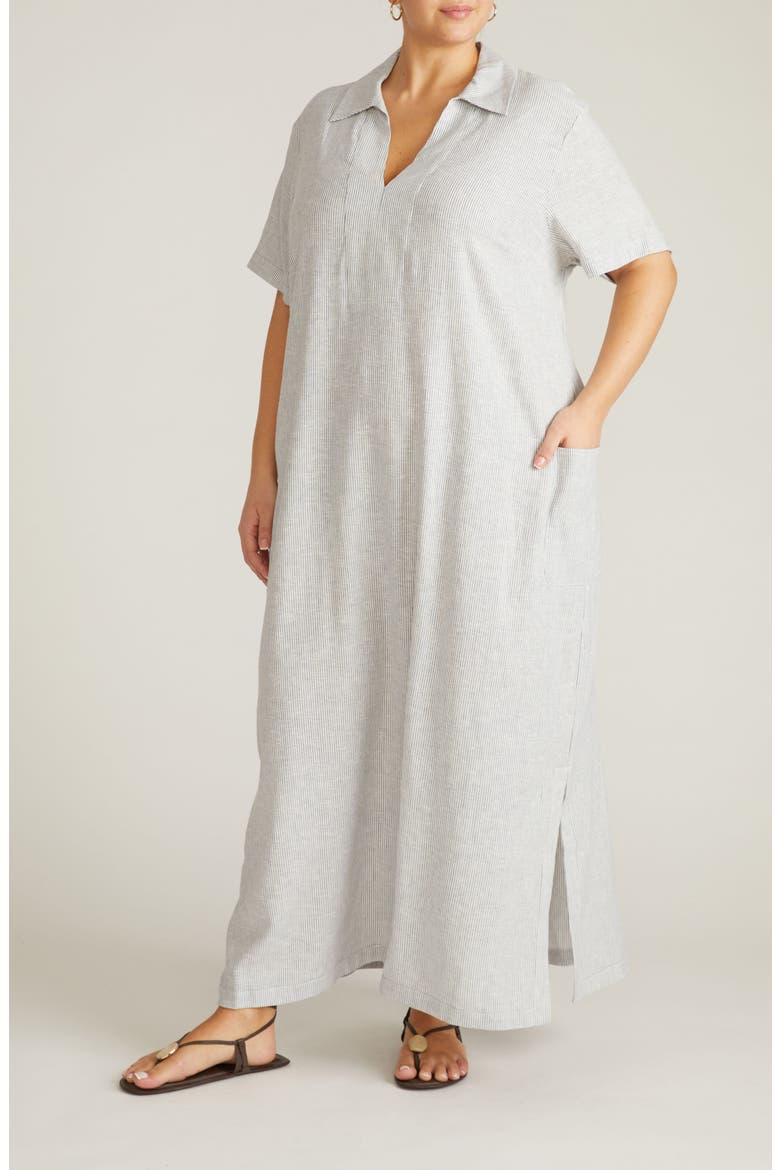 Leaf-Print Linen-Blend Maxi Dress, Main, color, BEACH STRIPE
