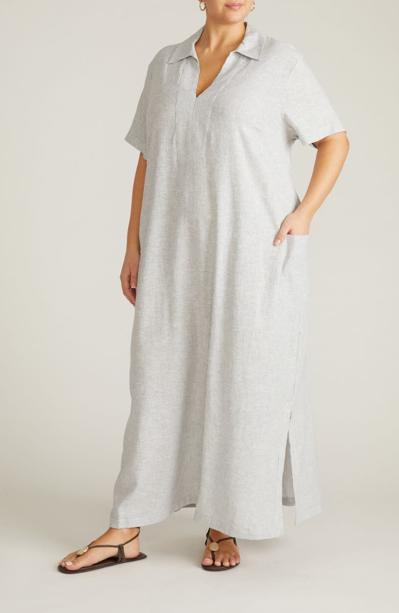 Universal Standard Leaf-Print Linen-Blend Maxi Dress, Main, color, Beach Stripe