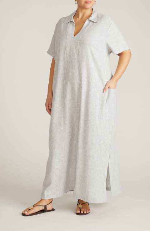 Leaf-Print Linen-Blend Maxi Dress (Plus)