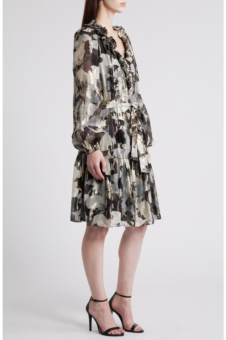 Jenson Metallic Ruffle Long Sleeve Silk Dress, Alternate, color, GRAPHITE