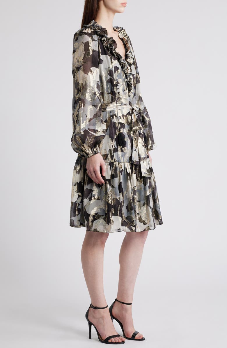 KOBI HALPERIN Jenson Metallic Ruffle Long Sleeve Silk Dress, Alternate, color, Graphite