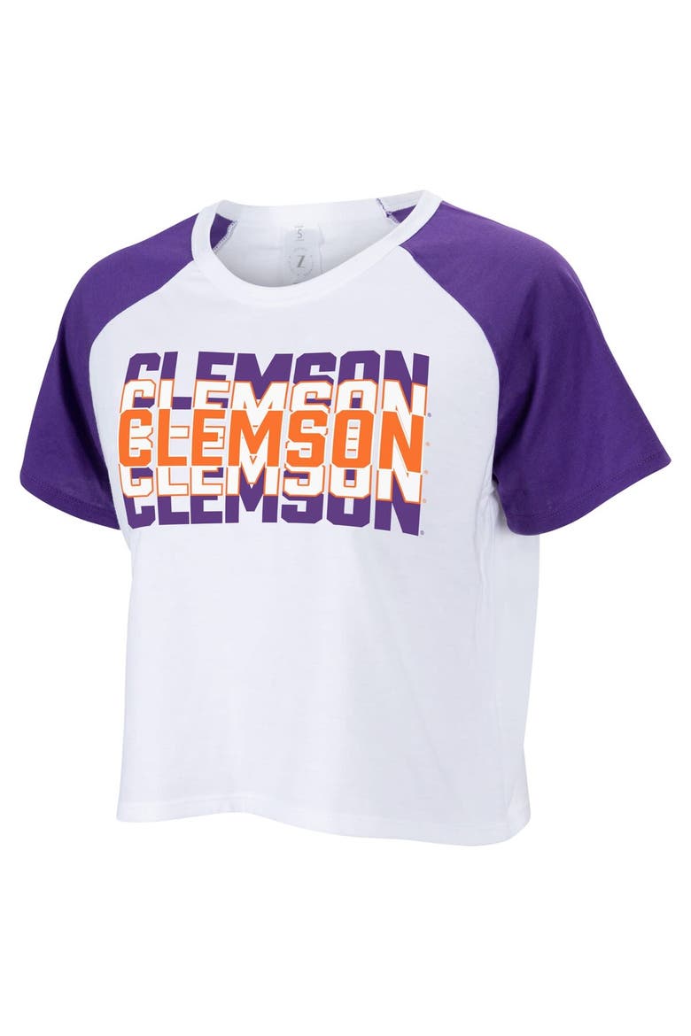 Women's ZooZatz White Clemson Tigers Colorblock Repeat Raglan Cropped T-Shirt, Main, color, White