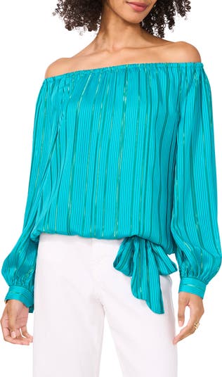 売れ筋商品|||ヴィンスカムート カットソー トップス レディース Women's Stripe Off-the-Shoulder Tied-Hem Top Eucalyptus Vince Camuto Women's Stripe Off-the-Shoulder Tied-Hem Top