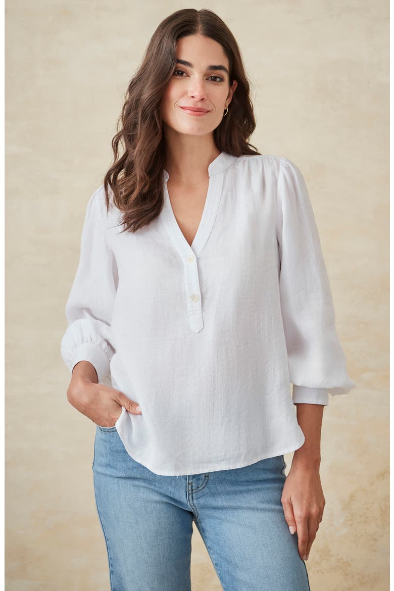Rashell Split Neck Linen Top, Alternate, color, WHITE