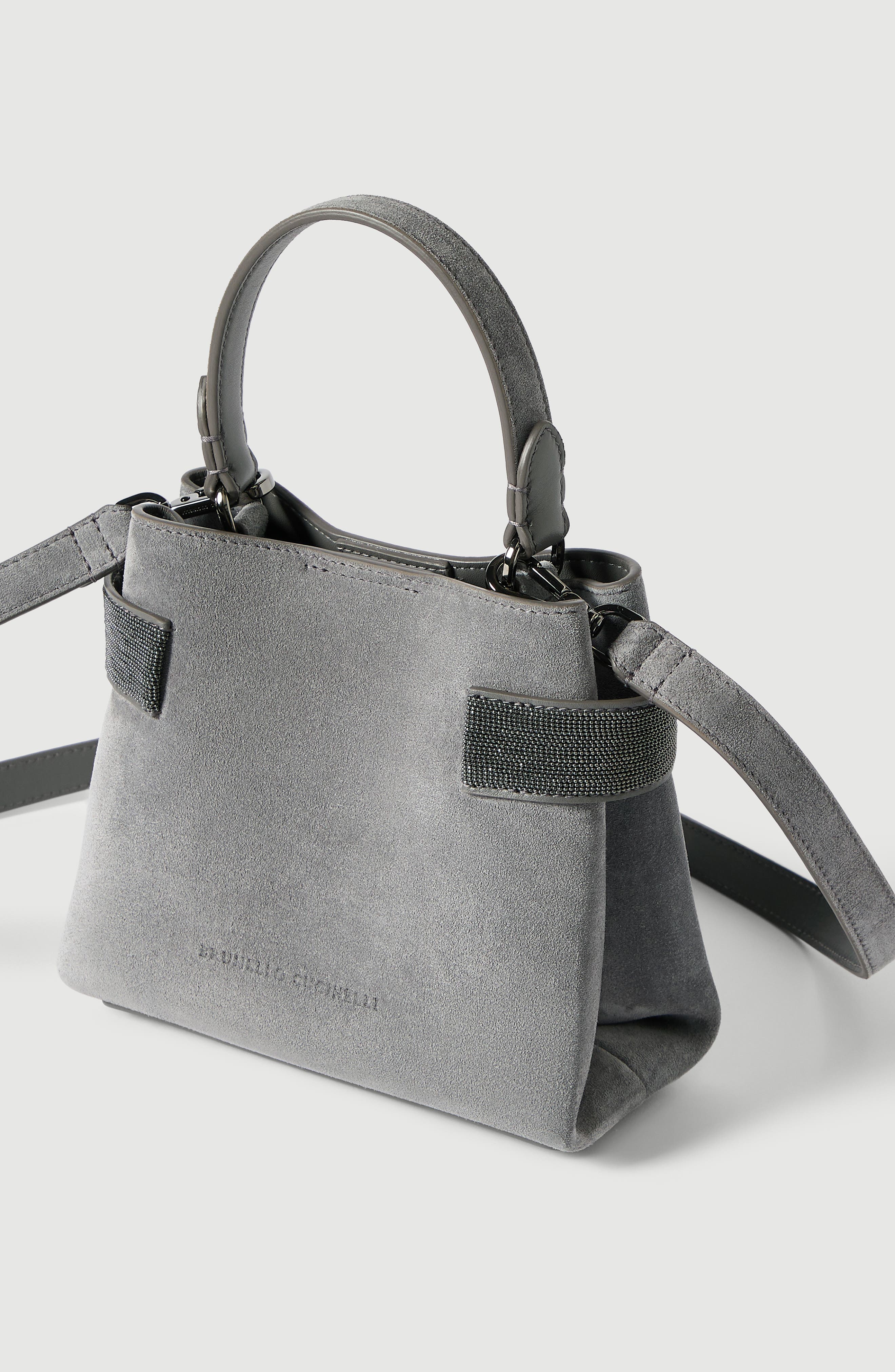 Essence small top-handle bag in suede with precious bands, Alternate, color, Stone Grey
