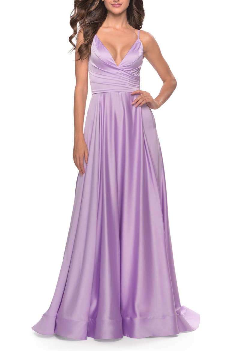 Long Satin Dress with Side Slit and V Shaped Back, Main, color, Lavender