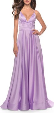 La Femme Long Satin Dress with Side Slit and V Shaped Back