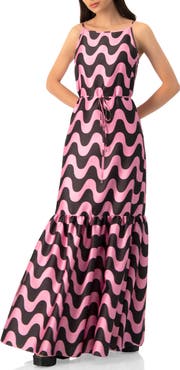 IVONNE Sleeveless Wave Print Maxi Dress
