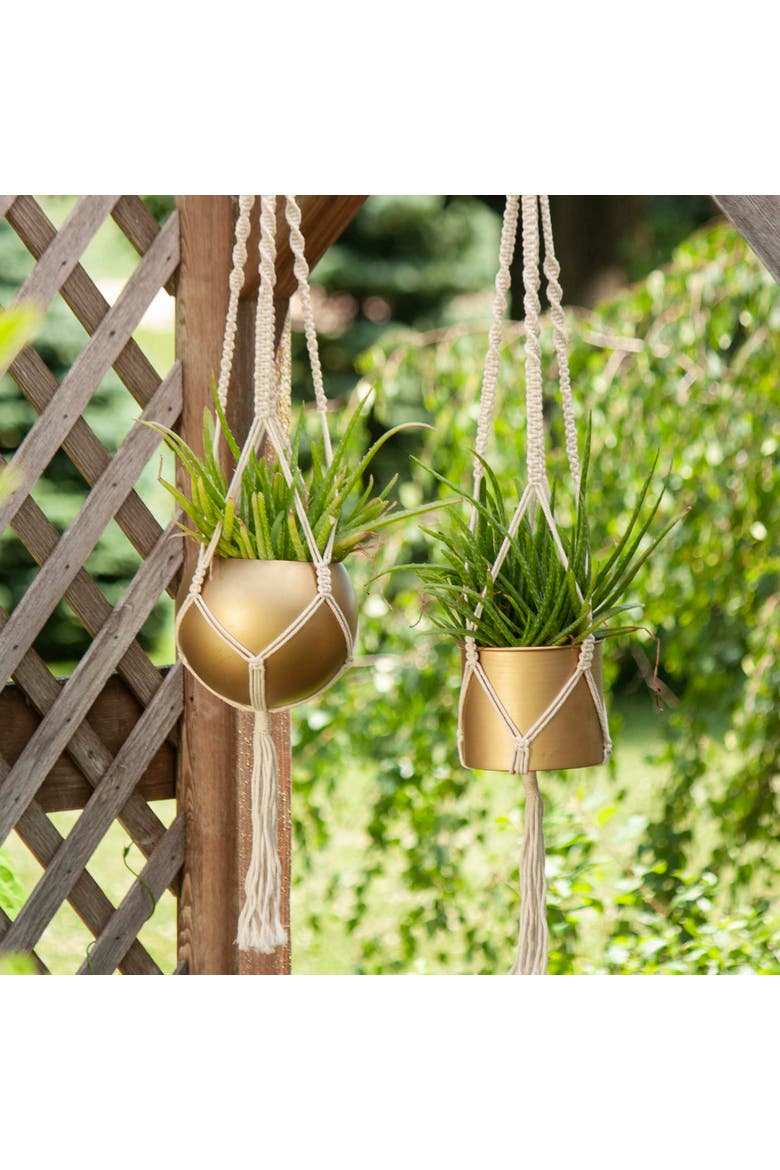 4.75" Macrame Rope Gold Metal Hanging Planter Cylinder Pot Indoor Hanging Planter, Main, color, Gold