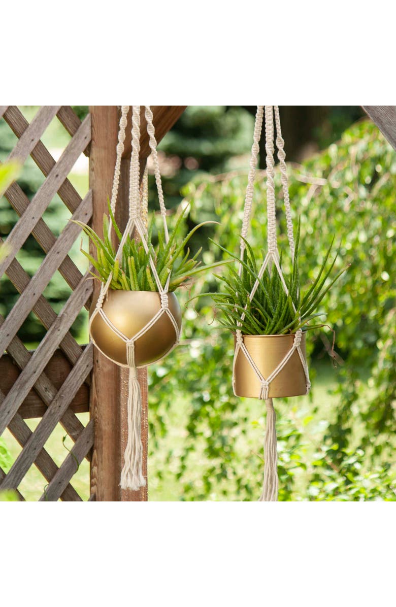 Foreside Home and Garden 4.75" Macrame Rope Gold Metal Hanging Planter Cylinder Pot Indoor Hanging Planter, Main, color, Gold