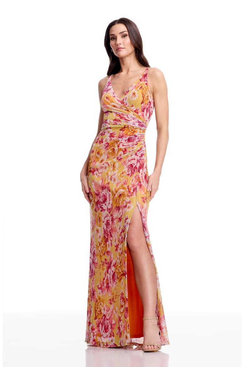 Jordan Metallic Floral Ruched Mermaid Gown, Alternate, color, GOLDEN HAZE MULTI