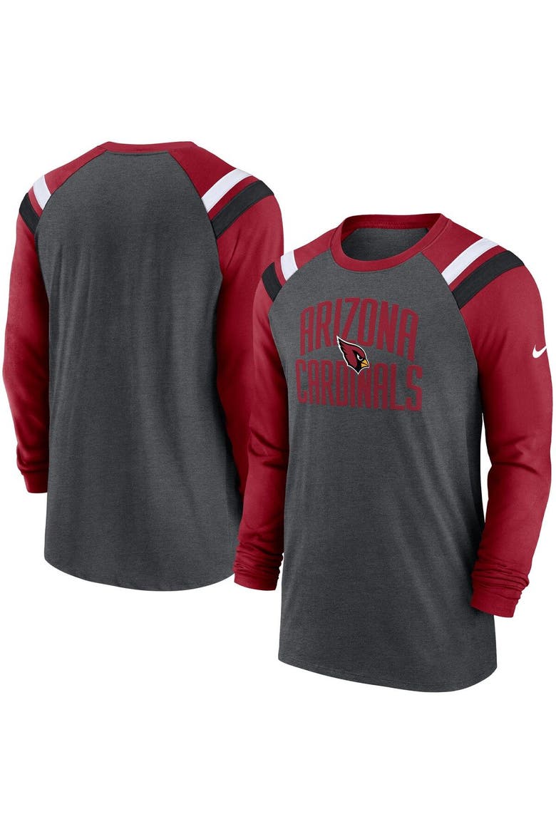 Men's Nike Heathered Charcoal/Cardinal Arizona Cardinals Tri-Blend Raglan Athletic Long Sleeve Fashion T-Shirt, Main, color, Heather Charcoal