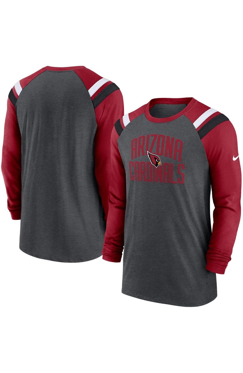 Nike Men's Nike Heathered Charcoal/Cardinal Arizona Cardinals Tri-Blend Raglan Athletic Long Sleeve Fashion T-Shirt, Main, color, Heather Charcoal
