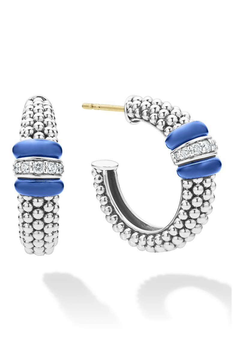 Blue Caviar Diamond Hoop Earrings, Main, color, ULTRAMARINE