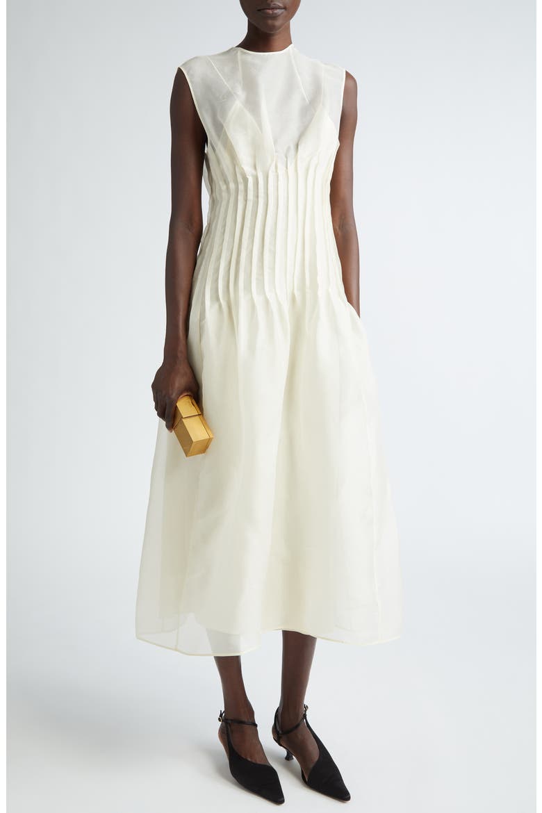Wes Pintuck Sleeveless Shantung Organza Dress, Main, color, BONE
