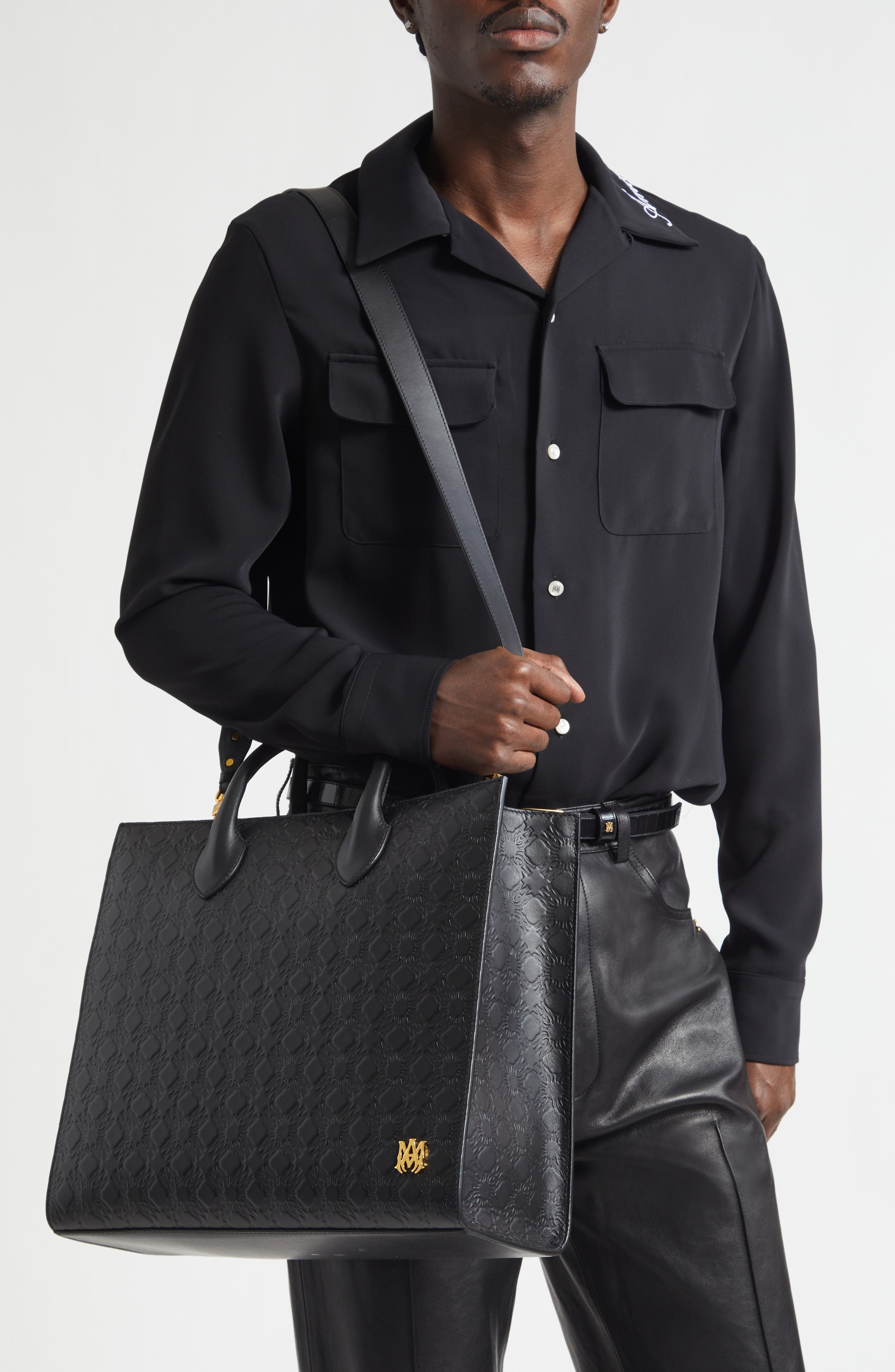 AMIRI Small MA Quad Debossed Leather Tote, Alternate, color, Black