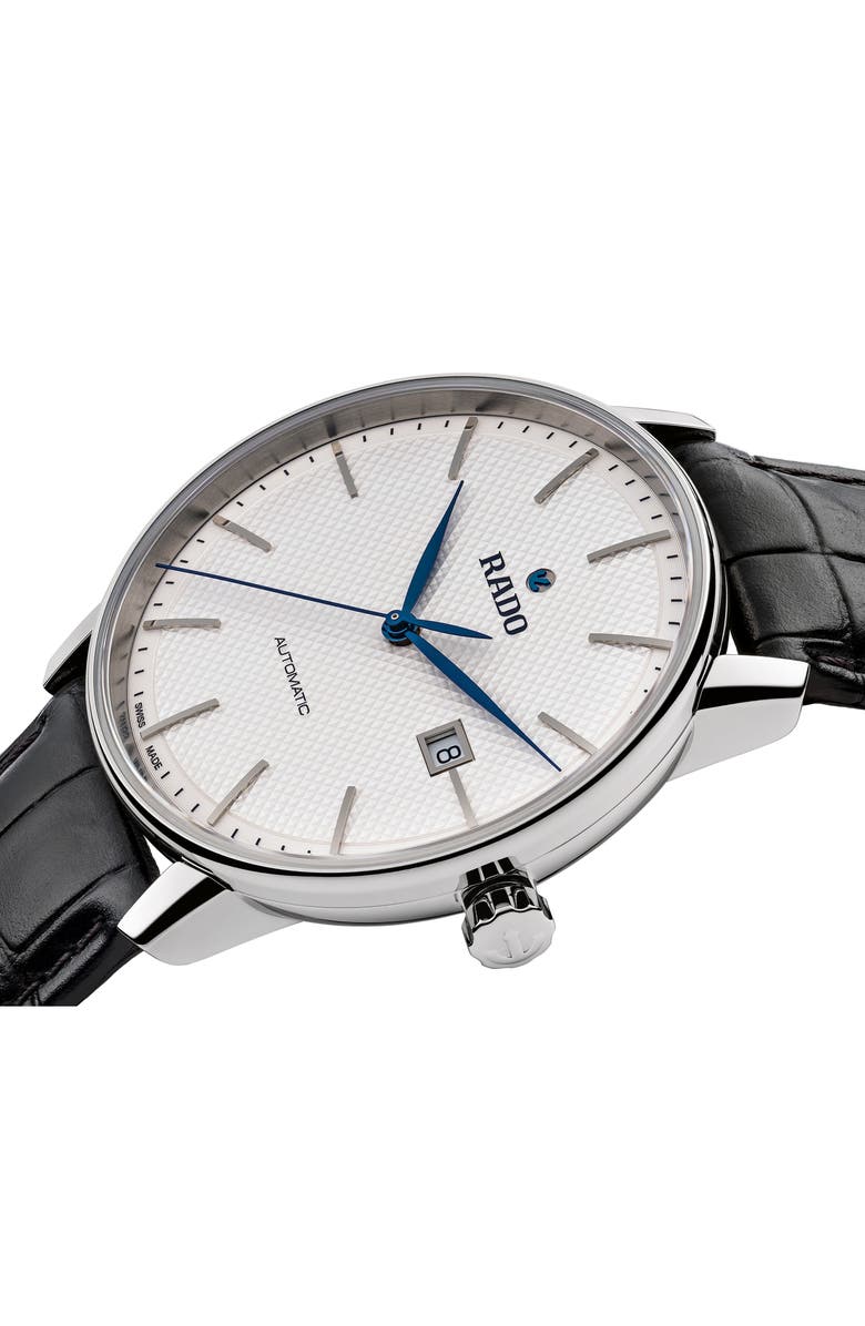 RADO Coupole Classic Automatic Embossed Leather Strap Watch, 41mm, Alternate, color, Black/White/Silver