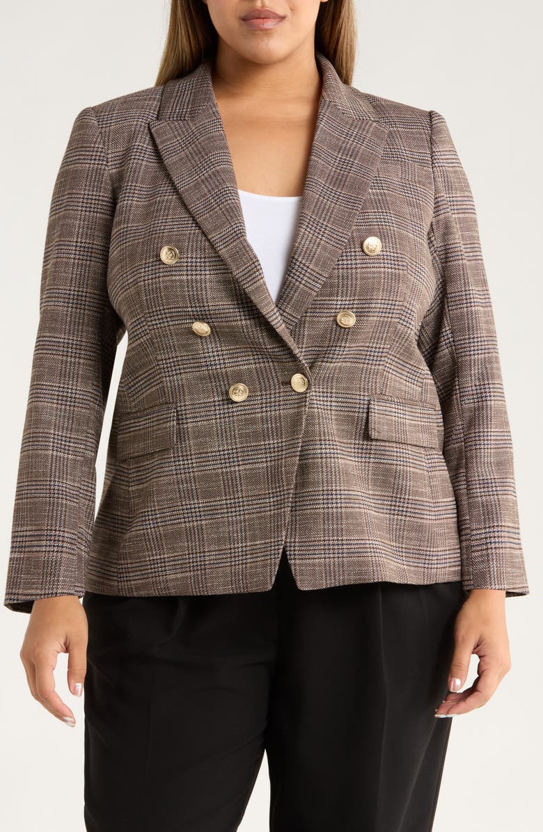 Tahari ASL Plaid Double Breasted Blazer, Alternate, color, Espresso I