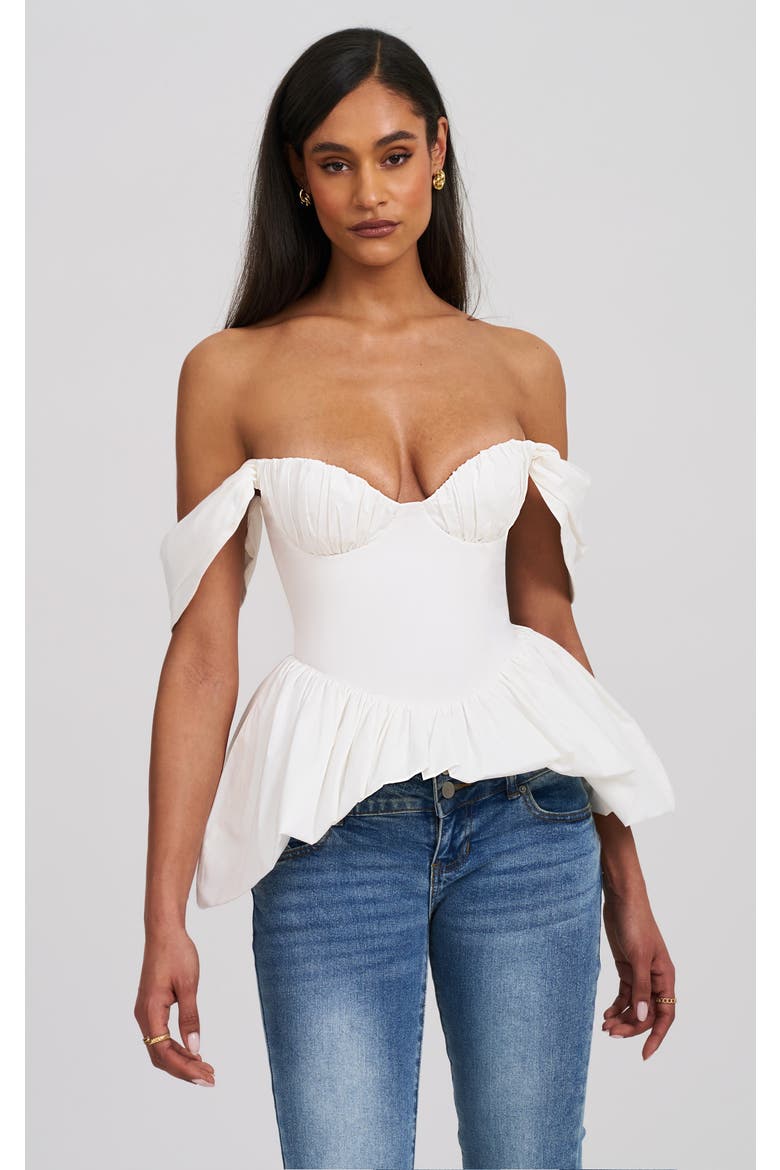 Qistina Off-shoulder Bubble Hem Peplum Cotton Top, Main, color, White
