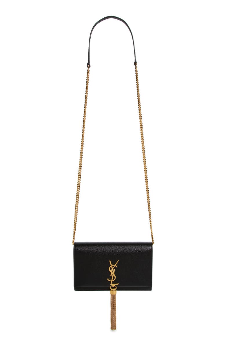 Saint Laurent Cassandre Kate Tassel Leather Wallet on a Chain, Alternate, color, 
