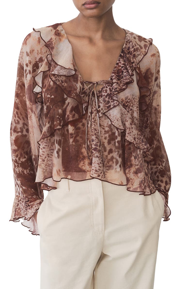 MANGO Print Ruffle Top, Main, color, Brown