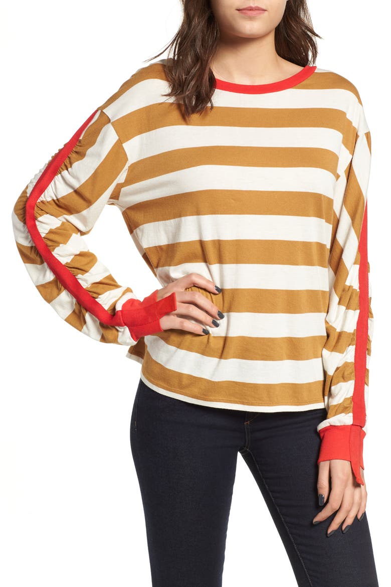 Cinch Sleeve Stripe Tee, Main, color, BROWN CATTAIL IRENE STRIPE