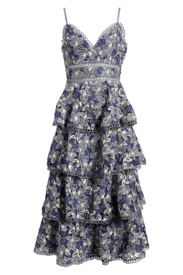 Marcela Floral Embroidered Tiered Midi Dress, Alternate, color, NAVY