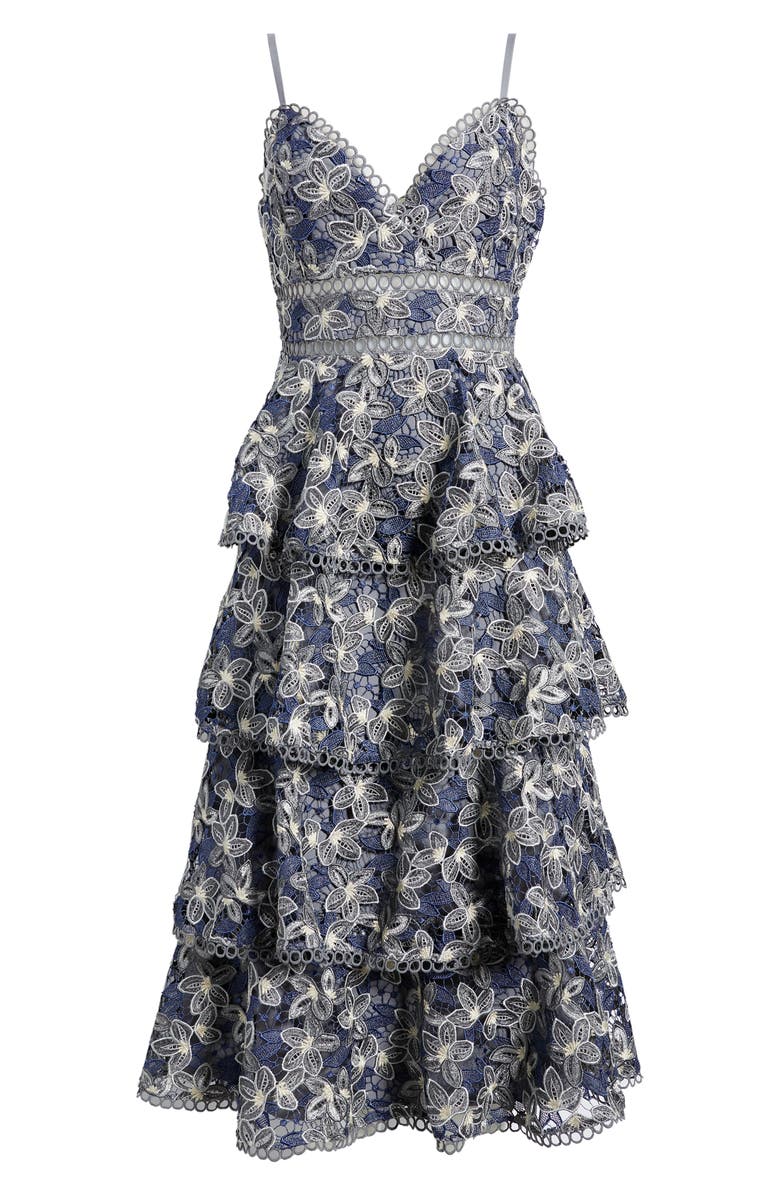 Arose Studio Marcela Floral Embroidered Tiered Midi Dress, Alternate, color, Navy