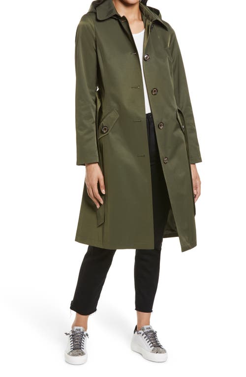 Sam Edelman Water Repellent Belted Trench Coat With Removable Hood In Green
