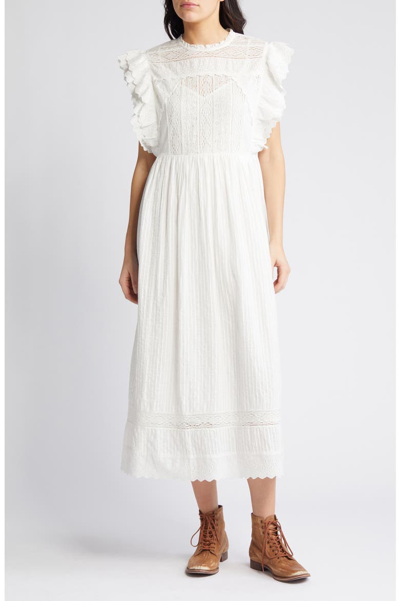 The Trellis Lace & Ruffle Midi Dress, Main, color, WHITE