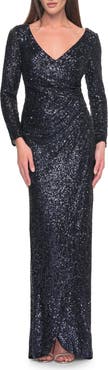 La Femme Long Sleeve Sequin Evening Dress with Ruching