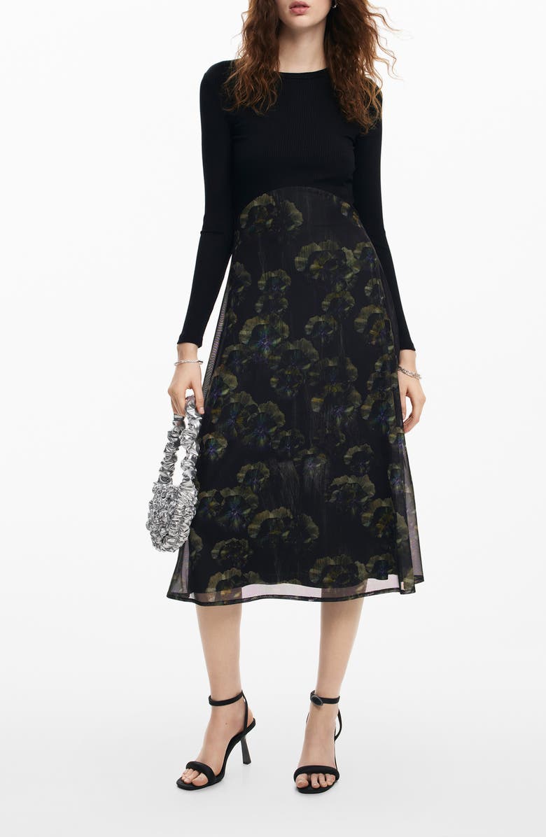 Desigual Pensee Mixed Media Long Sleeve Dress, Main, color, 