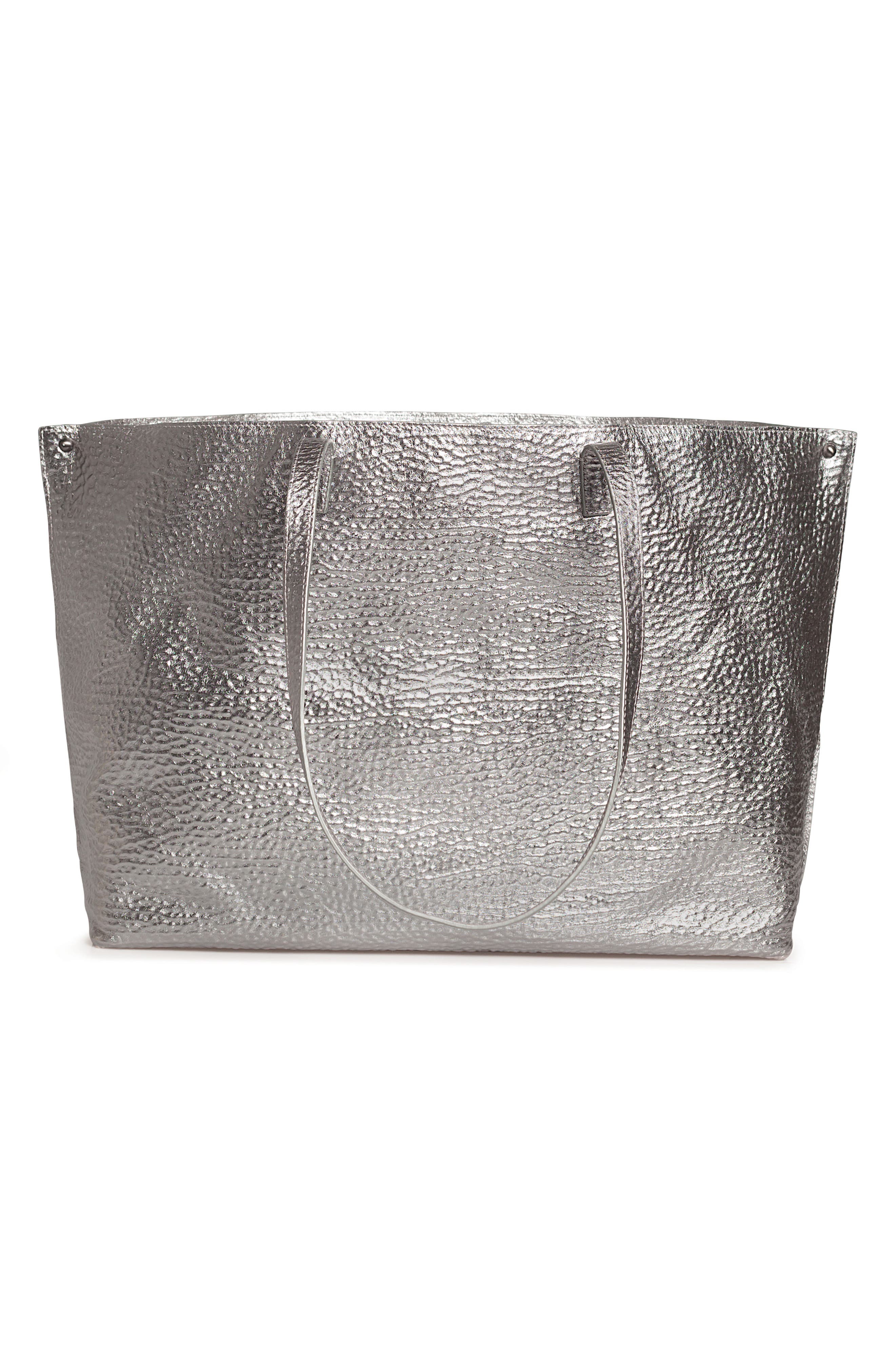 AI Medium Hammered Metallic Leather Tote Bag, Alternate, color, INOX