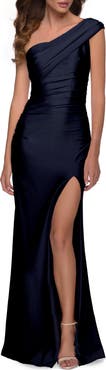La Femme One Shoulder Shiny Ruched Jersey Dress with Slit