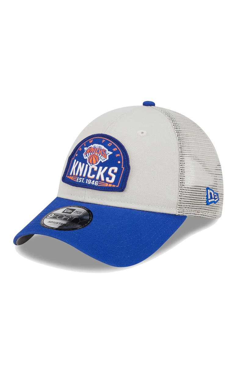 New Era Men's New Era Khaki/Blue New York Knicks Throwback Patch Trucker 9FORTY Adjustable Hat, Main, color,