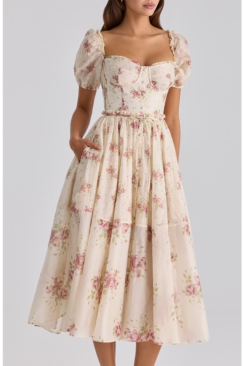 Penelope Floral Puff Sleeve Corset Chiffon Midi Dress, Alternate, color, IVORY VINTAGE ROSE PRINT
